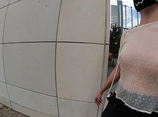 See big boobs bouncing in public wearing see thru sheer top