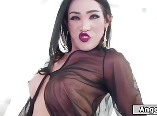 Busty asian shemale helen c shows off curves and jerks cock
