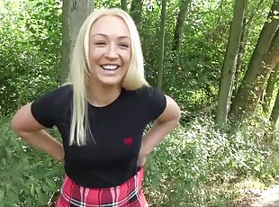 Blonde schoolgirl Amber Deen enjoy doggy fuck outdoors