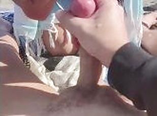 offentlig, amatør, blowjob, cumshot, par, strand, pov, cum