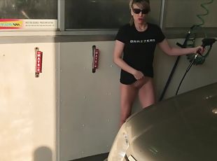 Milf Washing Car With No Panties Heels Busy Outdoor Carwash