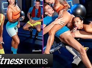 Fitness Rooms Lexi Dona sweaty FFM gym threesome and big dick pov blowjob