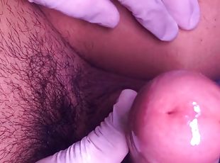 Uncut cock close up and cum in latex gloves in slow motion at the end