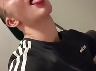 Twink masturbates in a public bathroom and grabs a random guys big cock and makes him cum