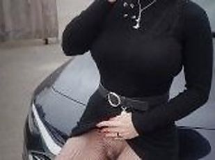 Big titty slut smokes and shows off pussy in public