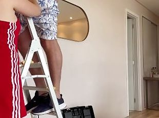 She asked the neighbor to adjust the chandelier, and she couldn't handle it and gave him a blowjob.