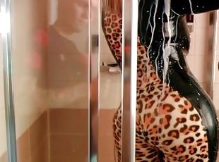 Latex Rubber Leopard Print Catsuit and Milk in The Bath. Curvy Fetish Milf Teasing.