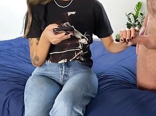 CFNM - Bored and Ignored Handjob - cum all over her clothes while scrolling instagram