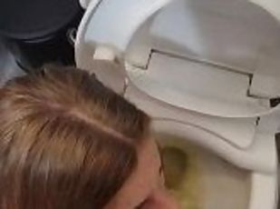 Thirsty For Piss, Redhead Laps Up His Streaming Piss Bent Over Toilet