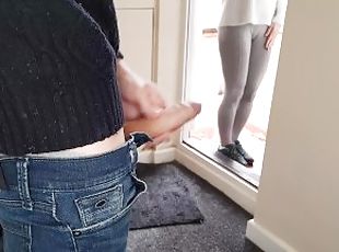 Public Dick Flash: Neighbor was surprised to see a guy jerking off but helped him cum (cum hater)