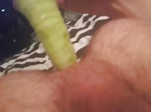 Very skinny shoves cucumber up his small anus