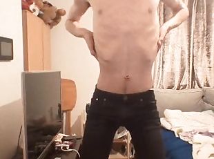 very skinny teen shows off his ribs and small ass in tight jeans