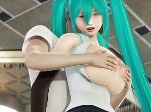 Miku gets her boobs massaged her ass licking and a big dildo in her pussy.