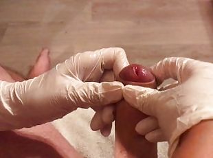 Wife in doctor gloves gives best sloppy handjob with cum blast