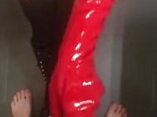 Nurse gives me a handjob in long red latex gloves