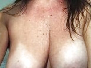 Busty amateur MILF giving sloppy blowjob drooling on tits