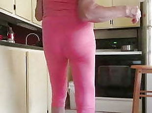 Male slut bitch in skin-tight leggings.