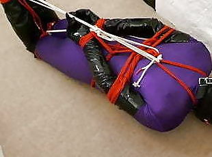 Kirsty rope hogtied, hooded and ballgagged securely