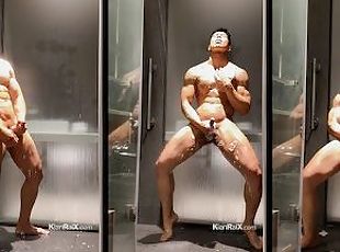 asiatisk, bading, offentlig, homofil, cum, kåt, dusj, alene, muskuløs, gym