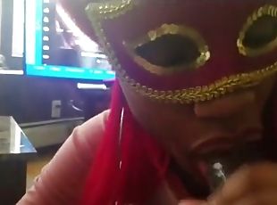 Masked ebony chick swallows after blowjob