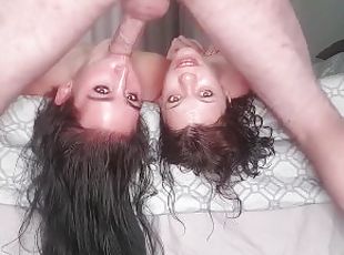 2 sluts getting throated by one lucky cock while laying upside down  different angles