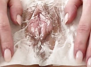 My pussy is too sticky and wet, I should clean it! Soaked wet napkin is covering pussy!