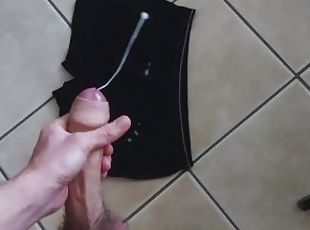 Biggest cumshot on my underwear (huge uncut cock POV, super slow motion cum)