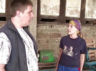 Fat farmer makes skinny blonde to blowjob his dick