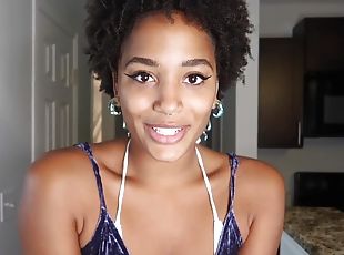 Amateur ebony babe with beautiful black tits gives POV blowjob to dildo and rides it - homemade solo