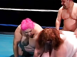 Fat girls wrestle and fuck with the ref