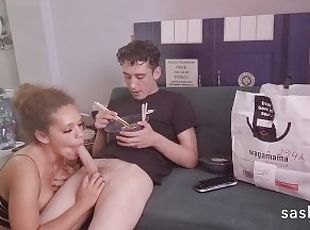 College Girl sucks dick while eating ramen