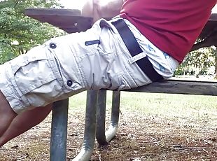 Jacking off at the public park, jerking and cumming on the picnic table in my shorts and boxers.