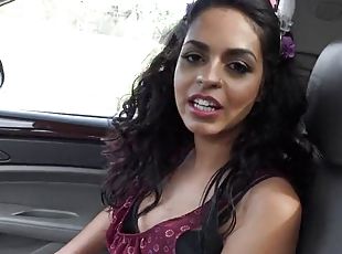 Tempting brunette rides a boner in car POV