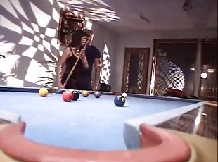 Busty asian has interracial sex with a black stud over a pool table