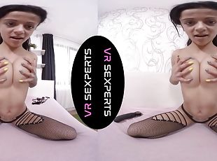 Busty ebony babe with big natural tits in solo POV VR masturbation in stockings