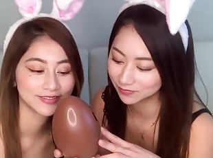 Japanese Twins Licking Chocolate Egg ASMR