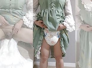 Crossdresser Wearing a Green Dress and a Thick Diaper, then Jerking off ??? ?? ?? ???05