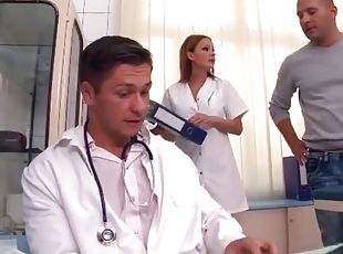 Horny nurse gives head to doctor and patient