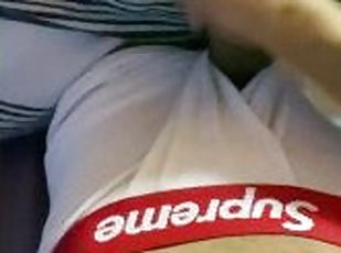 Teen boy is shooting load on his supreme boxers