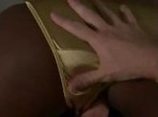 Riding BWC in gold satin panties