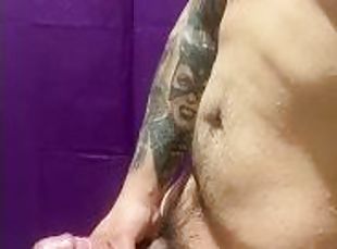 Big dick Latino jerks off in gym showers
