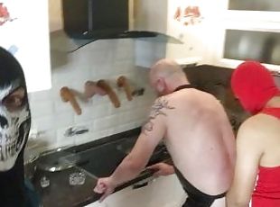 Hard group fucking BAREBACK with young males in Adidas in the kitchen while cooking