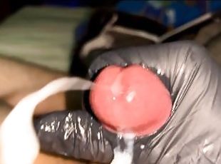 Handjob with black latex glove