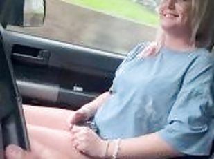 Shy girl gives blowjob on the car while during on a public road till he cum. Road head