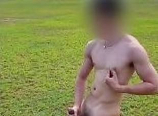 Asian boy jerking off in the green grass - OLF