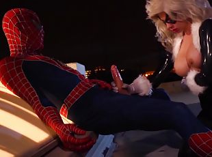 Blonde cougar dazzles with her huge tits while doing Spider Man