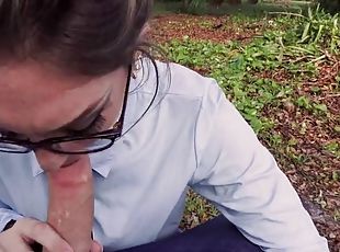 Jessie wylde in glasses gives pov-style blowjob outdoors
